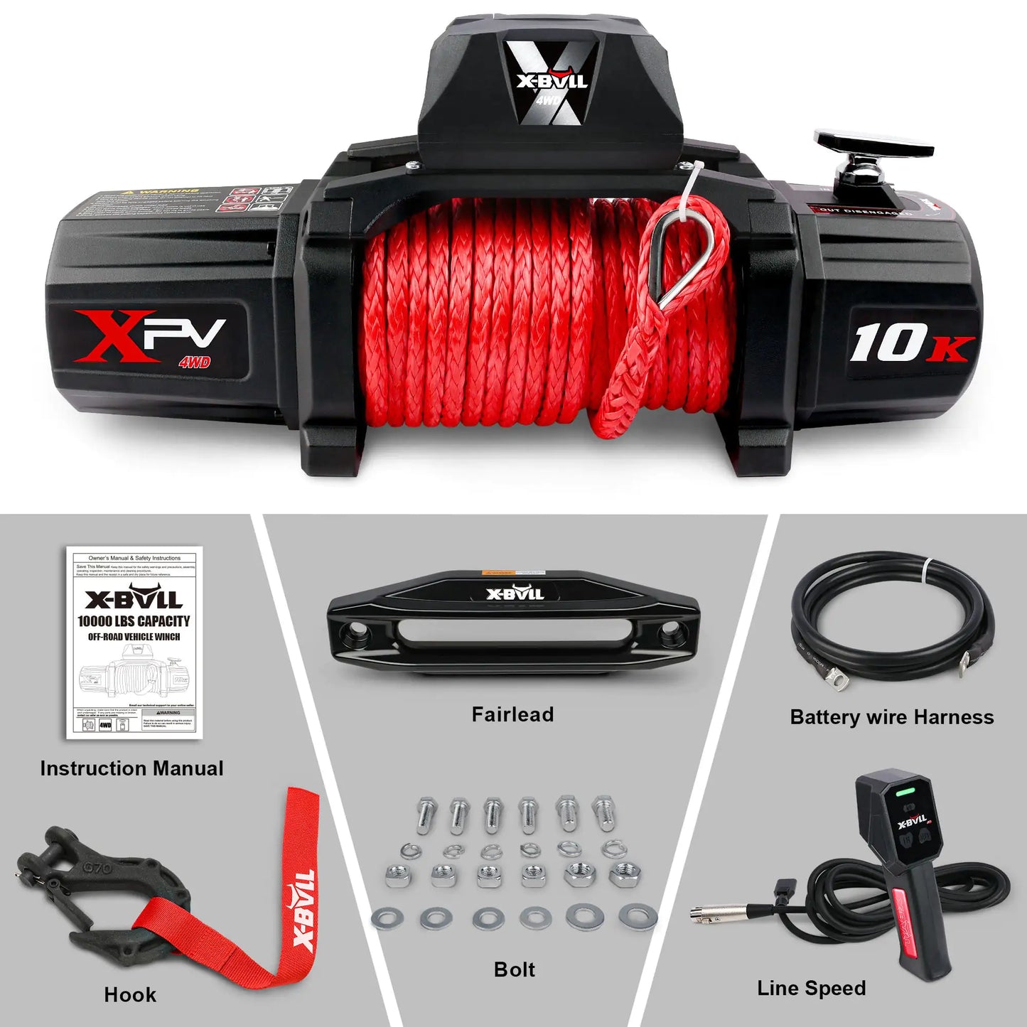 X-BULL Winch - 10000 Lbs BJ Load Capacity Electric Winch Kit - 12V Synthetic Rope Winch, Waterproof IP67 Electric Winch With Rope Fairlead With Wireless Handheld Remote Control And Wired Control Recov